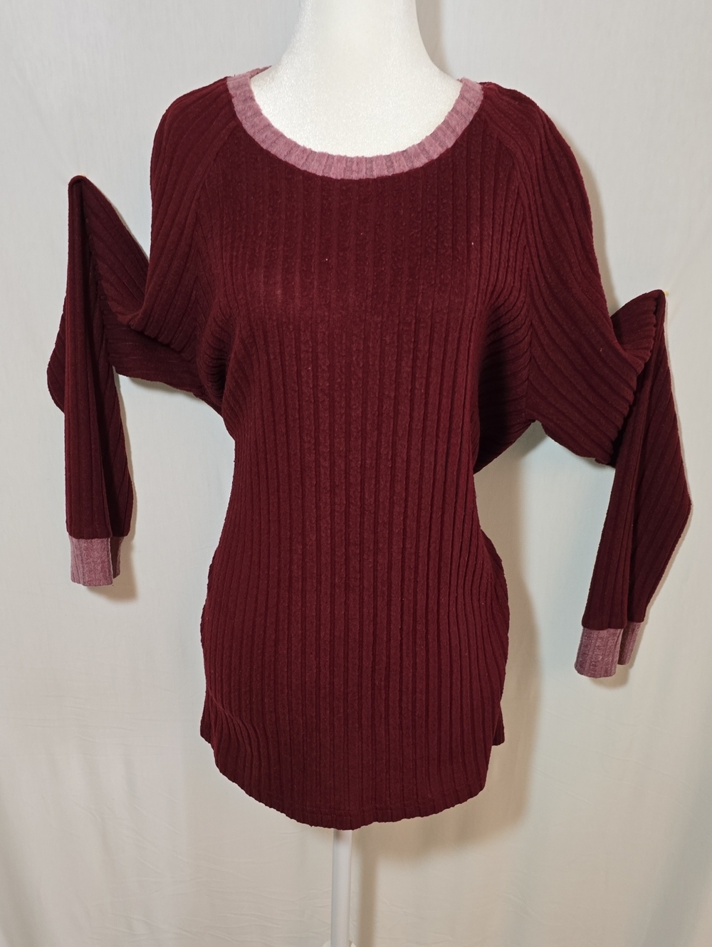 Women's Ribbed Maroon Sweater with Contrast Trim